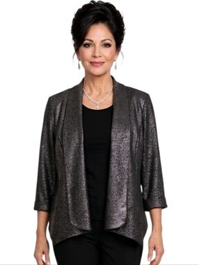Alberto Makati Black Metallic Snakeskin Print Open 3/4 Sleeve Blazer Size L